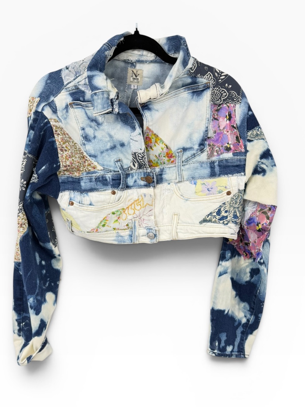 Nigel Xavier up cycled cropped patchwork denim jacket